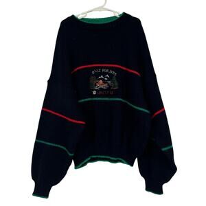 Vintage 80s Navy Blue Wool Embroidered Only For Boys Adventure Sweater Womens XS